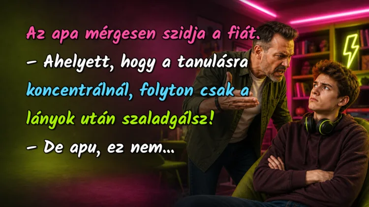 Vicc: Az apa mérgesen szidja a fiát... Az apa mérgesen szidja a fiát. – Ahelyett, hogy a tanulásra koncentrálnál, folyton csak a lányok után szaladgálsz! – De apu, ez nem...