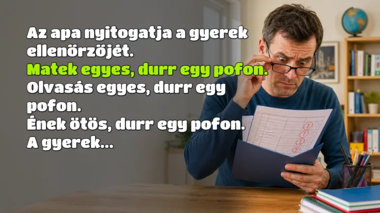 Vicc: Az apa nyitogatja a gyerek ellenőrzőjét... Az apa nyitogatja a gyerek ellenőrzőjét. Matek egyes, durr egy pofon. Olvasás egyes, durr egy pofon. Ének ötös, durr egy pofon. A gyerek...