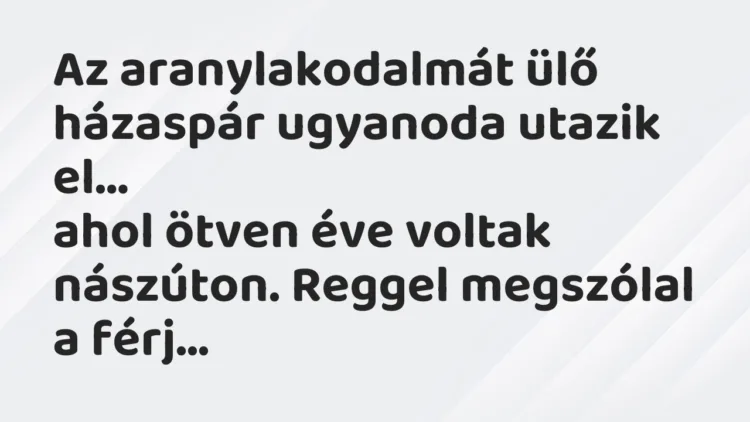 Vicc: Az aranylakodalmát ülő házaspár ugyanoda utazik el, ahol ötven éve… Vicc: Az aranylakodalmát ülő házaspár ugyanoda utazik el, ahol ötven éve…