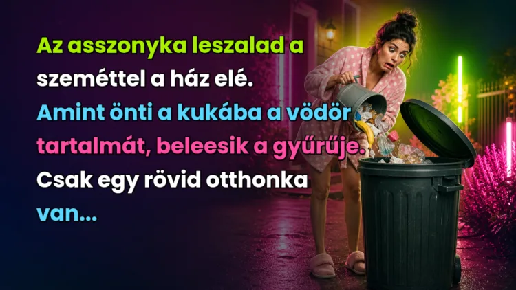 Vicc: Az asszonyka leszalad a szeméttel a ház elé. Amint önti a kukába... Az asszonyka leszalad a szeméttel a ház elé. Amint önti a kukába a vödör tartalmát, beleesik a gyűrűje. Csak egy rövid otthonka van...