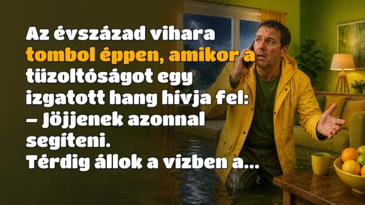 Vicc: Az évszázad vihara tombol éppen, amikor a tűzoltóságot... Az évszázad vihara tombol éppen, amikor a tűzoltóságot egy izgatott hang hívja fel: – Jöjjenek azonnal segíteni. Térdig állok a vízben a...