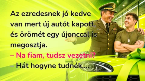 Az ezredesnek jó kedve van mert új autót kapott, és örömét egy újonccal is megosztja. – Na fiam, tudsz vezetni? – Hát hogyne tudnék....