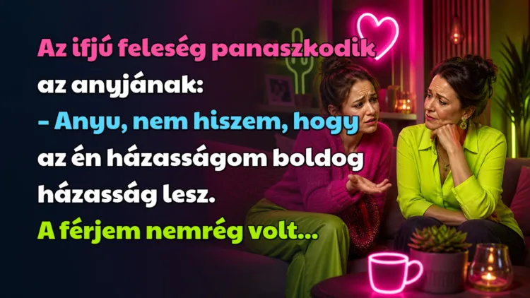 Vicc: Az ifjú feleség panaszkodik az anyjának... Az ifjú feleség panaszkodik az anyjának: – Anyu, nem hiszem, hogy az én házasságom boldog házasság lesz. A férjem nemrég volt...