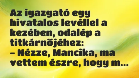 Vicc: Az igazgató egy hivatalos levéllel a kezében, odalép a titkárnőjéhez…