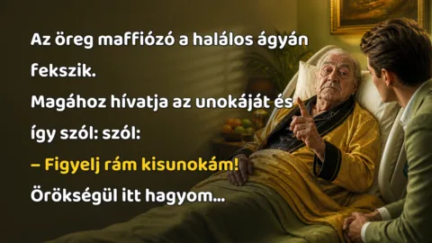 Az öreg maffiózó a halálos ágyán fekszik. Magához hívatja az unokáját és így szól: szól: – Figyelj rám kisunokám! Örökségül itt hagyom...