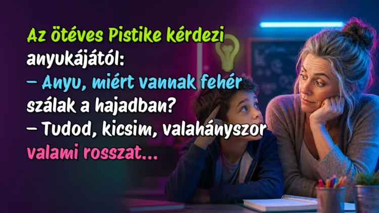 Vicc: Az ötéves Pistike kérdezi anyukájától... Az ötéves Pistike kérdezi anyukájától: – Anyu, miért vannak fehér szálak a hajadban? – Tudod, kicsim, valahányszor valami rosszat...