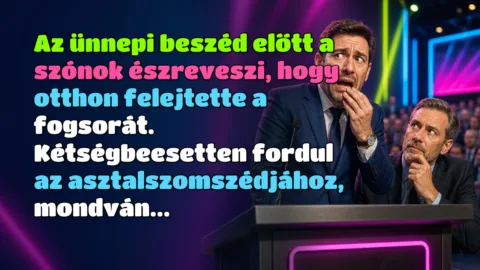Az ünnepi beszéd előtt a szónok észreveszi, hogy otthon felejtette a fogsorát. Kétségbeesetten fordul az asztalszomszédjához, mondván...