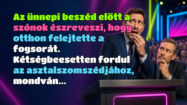 Vicc: Az ünnepi beszéd előtt a szónok észreveszi, hogy otthon felejtette... Az ünnepi beszéd előtt a szónok észreveszi, hogy otthon felejtette a fogsorát. Kétségbeesetten fordul az asztalszomszédjához, mondván...