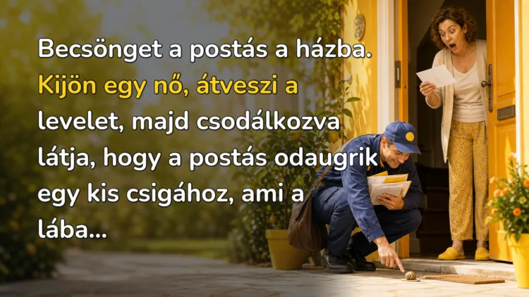 Vicc: Becsönget a postás a házba. Kijön egy nő, átveszi a levelet... Becsönget a postás a házba. Kijön egy nő, átveszi a levelet, majd csodálkozva látja, hogy a postás odaugrik egy kis csigához, ami a lába...