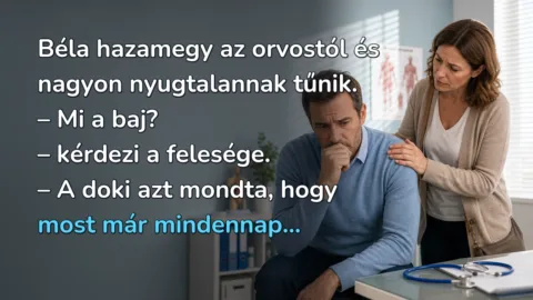 Béla hazamegy az orvostól és nagyon nyugtalannak tűnik. – Mi a baj? – kérdezi a felesége. – A doki azt mondta, hogy most már mindennap...