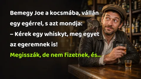 Bemegy Joe a kocsmába, vállán egy egérrel, s azt mondja: – Kérek egy whiskyt, meg egyet az egeremnek is! Megisszák, de nem fizetnek, és...