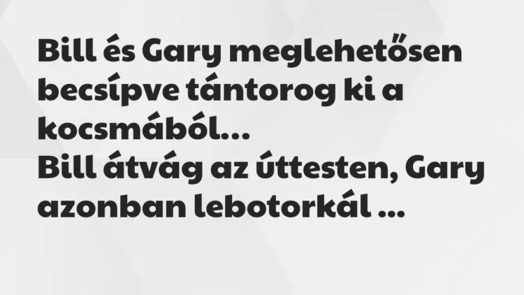 Vicc: Bill és Gary meglehetősen becsípve tántorog ki a kocsmából… Vicc: Bill és Gary meglehetősen becsípve tántorog ki a kocsmából…