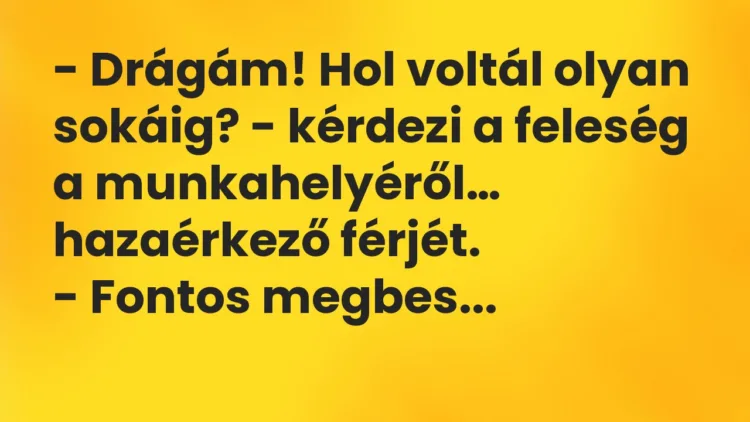 Vicc: Drágám! Hol voltál olyan sokáig? – kérdezi a feleség a munkahelyéről… Vicc: Drágám! Hol voltál olyan sokáig? – kérdezi a feleség a munkahelyéről…