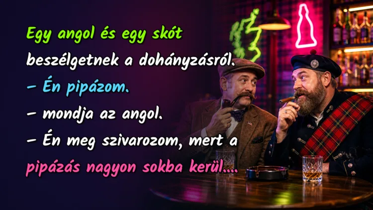 Vicc: Egy angol és egy skót beszélgetnek a dohányzásról... Egy angol és egy skót beszélgetnek a dohányzásról. – Én pipázom. – mondja az angol. – Én meg szivarozom, mert a pipázás nagyon sokba kerül....