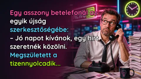 Egy asszony betelefonál az egyik újság szerkesztőségébe: – Jó napot kívánok, egy hírt szeretnék közölni. Megszületett a tizennyolcadik...