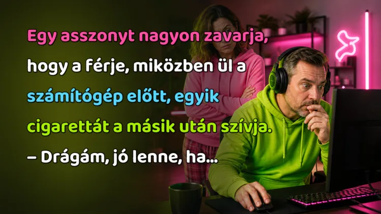 Vicc: Egy asszonyt nagyon zavarja, hogy a férje, miközben ül a számítógép... Egy asszonyt nagyon zavarja, hogy a férje, miközben ül a számítógép előtt, egyik cigarettát a másik után szívja. – Drágám, jó lenne, ha...
