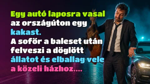 Egy autó laposra vasal az országúton egy kakast. A sofőr a baleset után felveszi a döglött állatot és elballag vele a közeli házhoz....