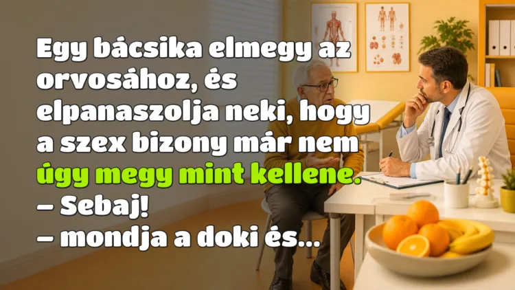 Vicc: Egy bácsika elmegy az orvosához, és elpanaszolja neki, hogy a szex... Egy bácsika elmegy az orvosához, és elpanaszolja neki, hogy a szex bizony már nem úgy megy mint kellene. – Sebaj! – mondja a doki és...