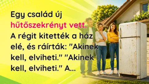 Egy család új hűtőszekrényt vett. A régit kitették a ház elé, és ráírták: "Akinek kell, elviheti." "Akinek kell, elviheti." A...