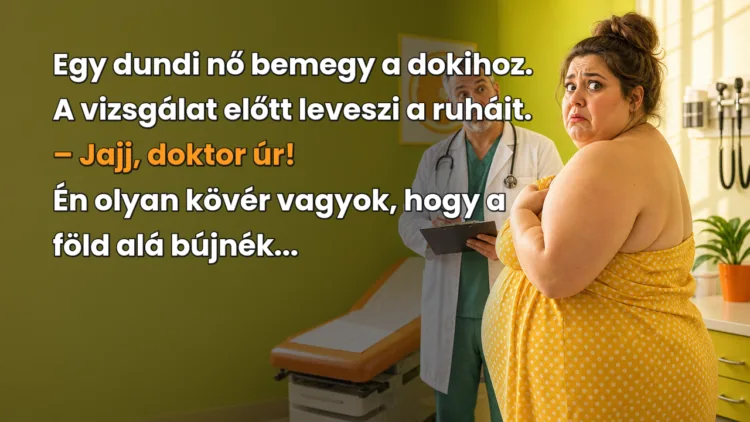 Vicc: Egy dundi nő bemegy a dokihoz. A vizsgálat előtt leveszi a ruháit... Egy dundi nő bemegy a dokihoz. A vizsgálat előtt leveszi a ruháit. – Jajj, doktor úr! Én olyan kövér vagyok, hogy a föld alá bújnék...