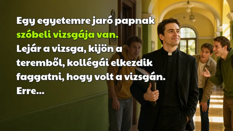 Vicc: Egy egyetemre jaró papnak szóbeli vizsgája van. Lejár a vizsga... Egy egyetemre jaró papnak szóbeli vizsgája van. Lejár a vizsga, kijön a teremből, kollégái elkezdik faggatni, hogy volt a vizsgán. Erre...