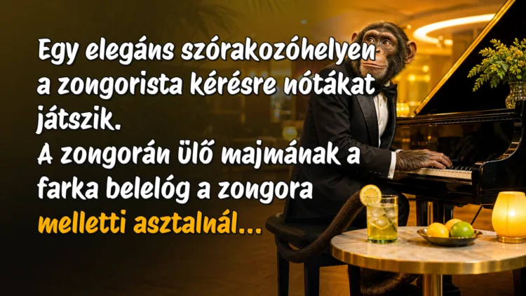 Vicc: Egy elegáns szórakozóhelyen a zongorista kérésre nótákat játszik... Egy elegáns szórakozóhelyen a zongorista kérésre nótákat játszik. A zongorán ülő majmának a farka belelóg a zongora melletti asztalnál...
