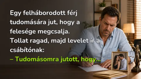Egy felháborodott férj tudomására jut, hogy a felesége megcsalja. Tollat ragad, majd levelet ír a csábítónak: – Tudomásomra jutott, hogy...