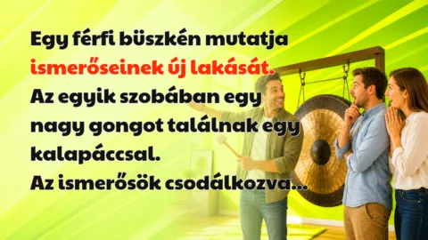 Egy férfi büszkén mutatja ismerőseinek új lakását. Az egyik szobában egy nagy gongot találnak egy kalapáccsal. Az ismerősök csodálkozva...