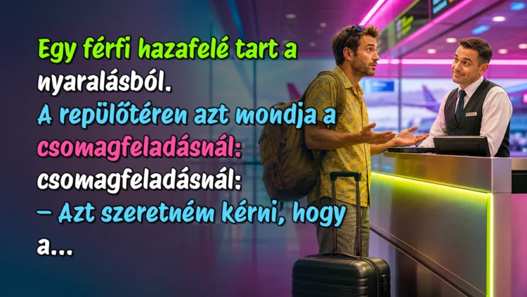 Vicc: Egy férfi hazafelé tart a nyaralásból. A repülőtéren azt mondja... Egy férfi hazafelé tart a nyaralásból. A repülőtéren azt mondja a csomagfeladásnál: csomagfeladásnál: – Azt szeretném kérni, hogy a...