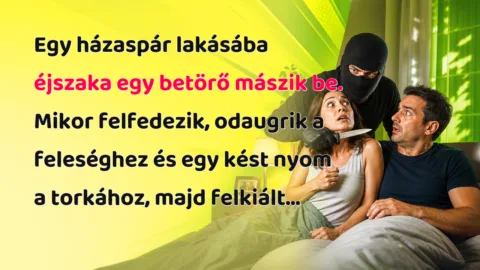 Egy házaspár lakásába éjszaka egy betörő mászik be. Mikor felfedezik, odaugrik a feleséghez és egy kést nyom a torkához, majd felkiált...