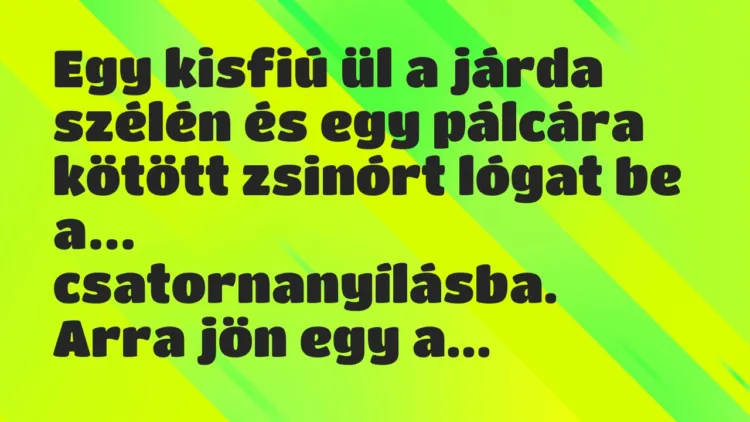 Vicc: Egy kisfiú ül a járda szélén és egy pálcára kötött zsinórt lógat be… Vicc: Egy kisfiú ül a járda szélén és egy pálcára kötött zsinórt lógat be…