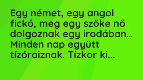 Vicc: Egy német, egy angol fickó, meg egy szőke nő dolgoznak egy irodában… Vicc: Egy német, egy angol fickó, meg egy szőke nő dolgoznak egy irodában…