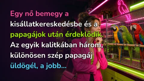 Egy nő bemegy a kisállatkereskedésbe és a papagájok után érdeklődik. Az egyik kalitkában három, különösen szép papagáj üldögél, a jobb...