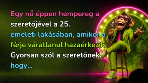 Egy nő éppen hempereg a szeretőjével a 25. emeleti lakásában, amikor a férje váratlanul hazaérkezik. Gyorsan szól a szeretőnek, hogy...