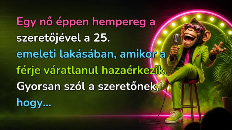 Vicc: Egy nő éppen hempereg a szeretőjével a 25. emeleti lakásában... Egy nő éppen hempereg a szeretőjével a 25. emeleti lakásában, amikor a férje váratlanul hazaérkezik. Gyorsan szól a szeretőnek, hogy...