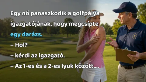 Egy nő panaszkodik a golfpálya igazgatójának, hogy megcsípte egy darázs. – Hol? – kérdi az igazgató. – Az 1-es és a 2-es lyuk között....