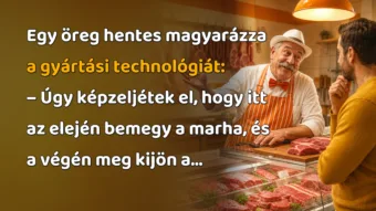 Vicc: Egy öreg hentes magyarázza a gyártási technológiát... Egy öreg hentes magyarázza a gyártási technológiát: – Úgy képzeljétek el, hogy itt az elején bemegy a marha, és a végén meg kijön a...