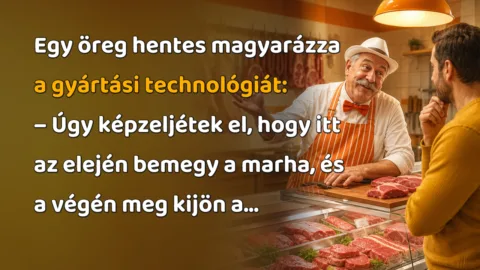Vicc: Egy öreg hentes magyarázza a gyártási technológiát... Egy öreg hentes magyarázza a gyártási technológiát: – Úgy képzeljétek el, hogy itt az elején bemegy a marha, és a végén meg kijön a...