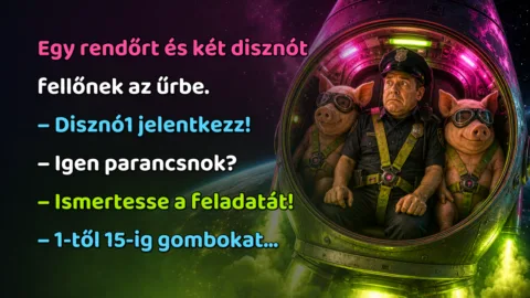 Egy rendőrt és két disznót fellőnek az űrbe. – Disznó1 jelentkezz! – Igen parancsnok? – Ismertesse a feladatát! – 1-től 15-ig gombokat...