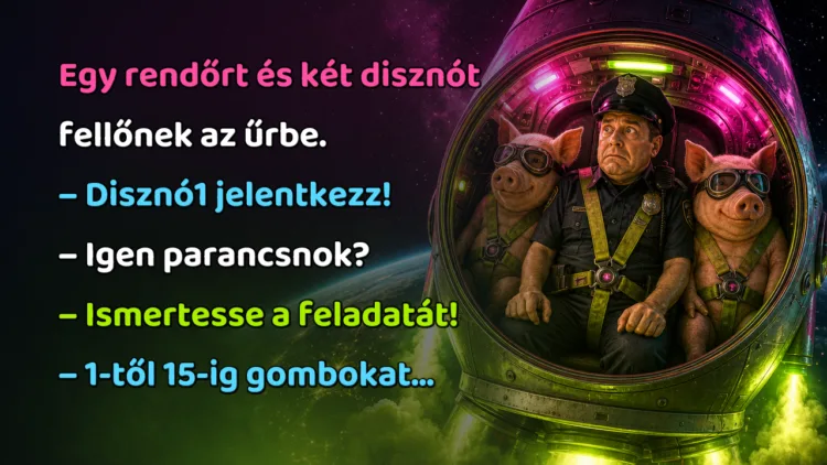 Vicc: Egy rendőrt és két disznót fellőnek az űrbe... Egy rendőrt és két disznót fellőnek az űrbe. – Disznó1 jelentkezz! – Igen parancsnok? – Ismertesse a feladatát! – 1-től 15-ig gombokat...
