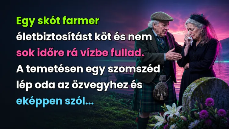 Vicc: Egy skót farmer életbiztosítást köt és nem sok időre rá vízbe fullad... Egy skót farmer életbiztosítást köt és nem sok időre rá vízbe fullad. A temetésen egy szomszéd lép oda az özvegyhez és eképpen szól...