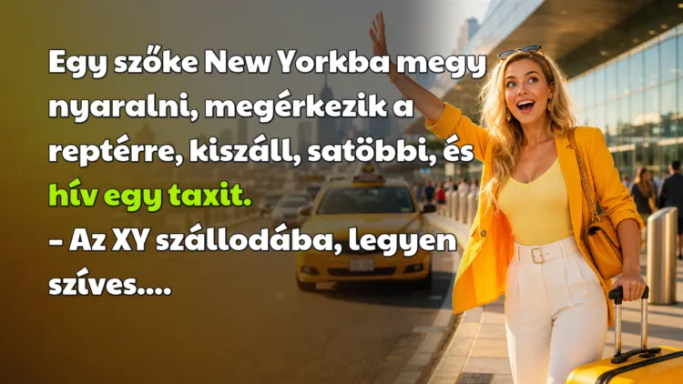 Vicc: Egy szőke New Yorkba megy nyaralni, megérkezik a reptérre, kiszáll... Egy szőke New Yorkba megy nyaralni, megérkezik a reptérre, kiszáll, satöbbi, és hív egy taxit. – Az XY szállodába, legyen szíves....