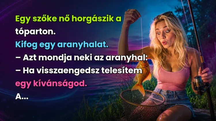 Vicc: Egy szőke nő horgászik a tóparton. Kifog egy aranyhalat... Egy szőke nő horgászik a tóparton. Kifog egy aranyhalat. – Azt mondja neki az aranyhal: – Ha visszaengedsz telesítem egy kívánságod. A...