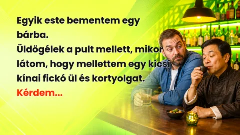 Egyik este bementem egy bárba. Üldögélek a pult mellett, mikor látom, hogy mellettem egy kicsi kínai fickó ül és kortyolgat. Kérdem...