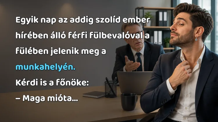 Vicc: Egyik nap az addig szolíd ember hírében álló férfi fülbevalóval... Egyik nap az addig szolíd ember hírében álló férfi fülbevalóval a fülében jelenik meg a munkahelyén. Kérdi is a főnöke: – Maga mióta...