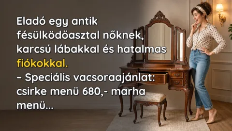 Eladó egy antik fésülködőasztal nőknek, karcsú lábakkal és hatalmas fiókokkal. – Speciális vacsoraajánlat: csirke menü 680,- marha menü...