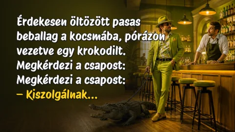 Érdekesen öltözött pasas beballag a kocsmába, pórázon vezetve egy krokodilt. Megkérdezi a csapost: Megkérdezi a csapost: – Kiszolgálnak...