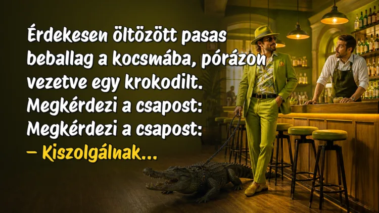 Vicc: Érdekesen öltözött pasas beballag a kocsmába, pórázon vezetve... Érdekesen öltözött pasas beballag a kocsmába, pórázon vezetve egy krokodilt. Megkérdezi a csapost: Megkérdezi a csapost: – Kiszolgálnak...