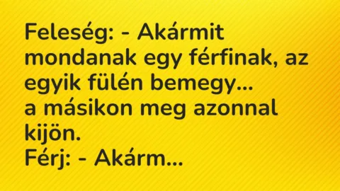 Vicc: Feleség: – Akármit mondanak egy férfinak, az egyik fülén bemegy…