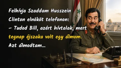 Felhívja Szaddam Husszein Clinton elnököt telefonon: – Tudod Bill, azért hívtalak, mert tegnap éjszaka volt egy álmom. Azt álmodtam...
